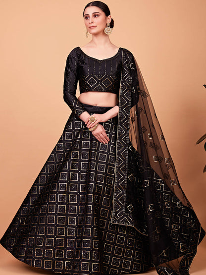 Rajwada Women Fashionable Black Embroidered Semi Stitched Lehenga With Unstitched Blouse