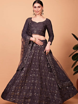 Rajwada Women Designer Brown Embroidered Semi Stitched Lehenga With Unstitched Blouse