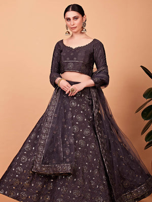 Rajwada Women Designer Brown Embroidered Semi Stitched Lehenga With Unstitched Blouse