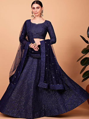 Rajwada Women Classy Dark Blue Silk Semi Stitched Lehenga With Unstitched Blouse