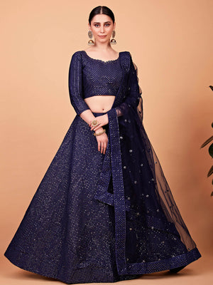 Rajwada Women Classy Dark Blue Silk Semi Stitched Lehenga With Unstitched Blouse