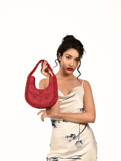 Rajwada Red Suede Embellished Clutch For Women