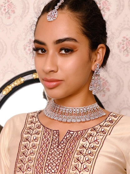 Baby Pink And Silver Studded Stunning Jewellery Set - Rajwada