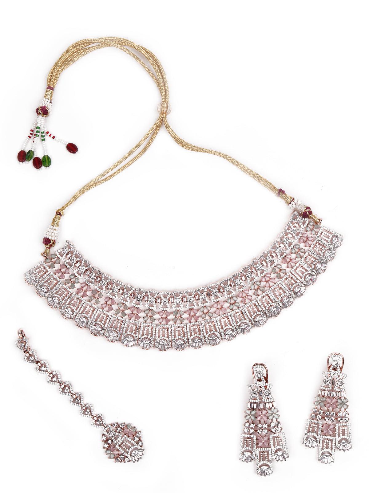 Baby Pink And Silver Studded Stunning Jewellery Set - Rajwada