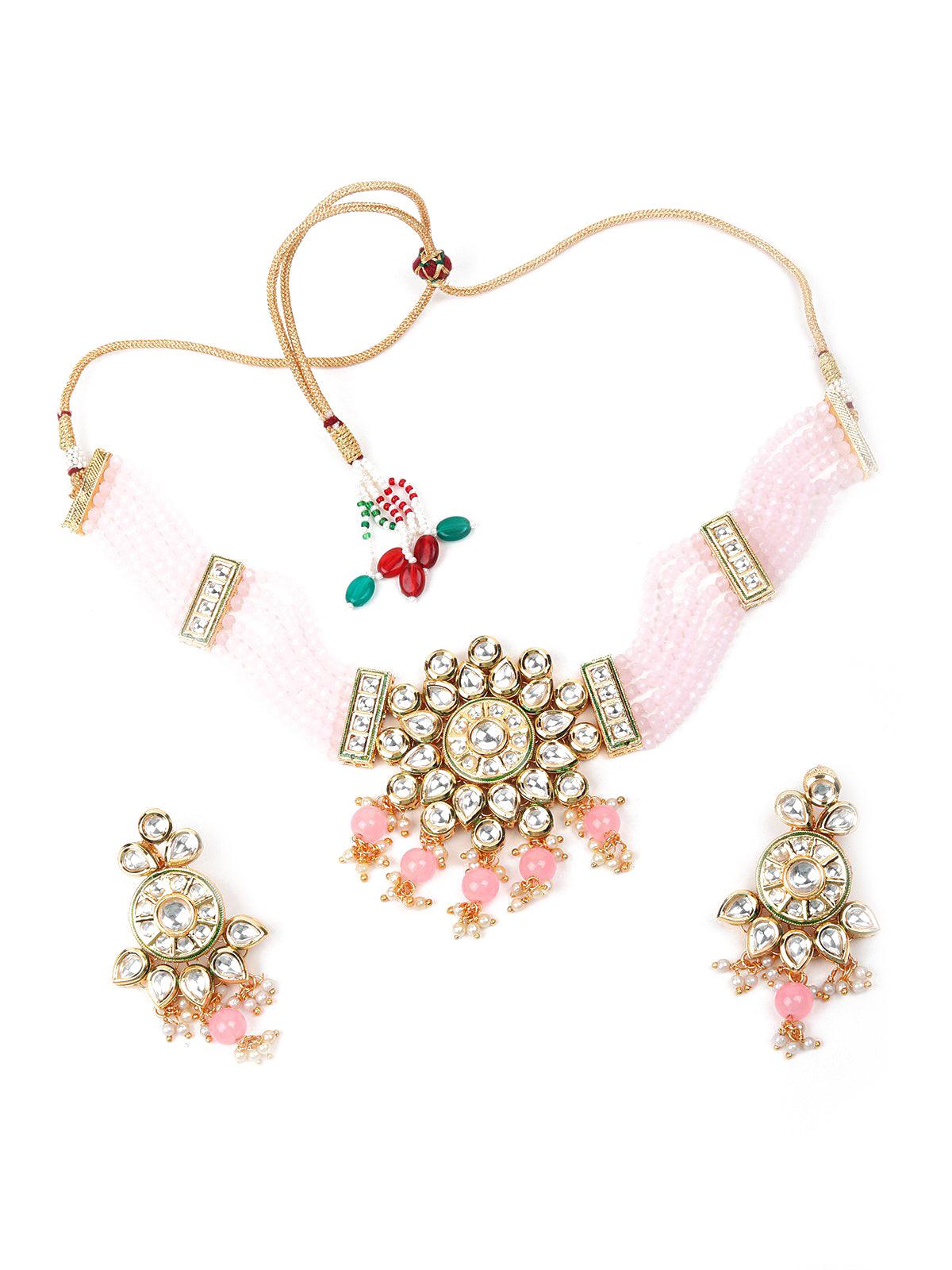 Baby Pink Kundan Multi-Strand Beaded Necklace Set - Rajwada
