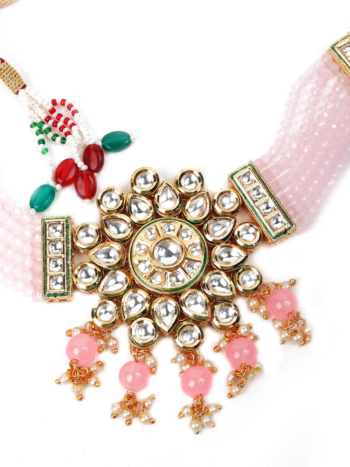 Baby Pink Kundan Multi-Strand Beaded Necklace Set - Rajwada