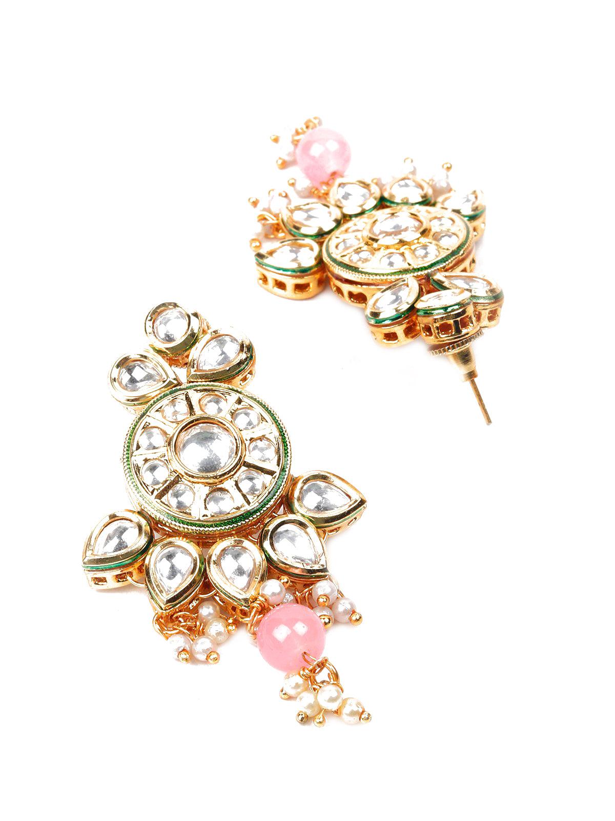 Baby Pink Kundan Multi-Strand Beaded Necklace Set - Rajwada