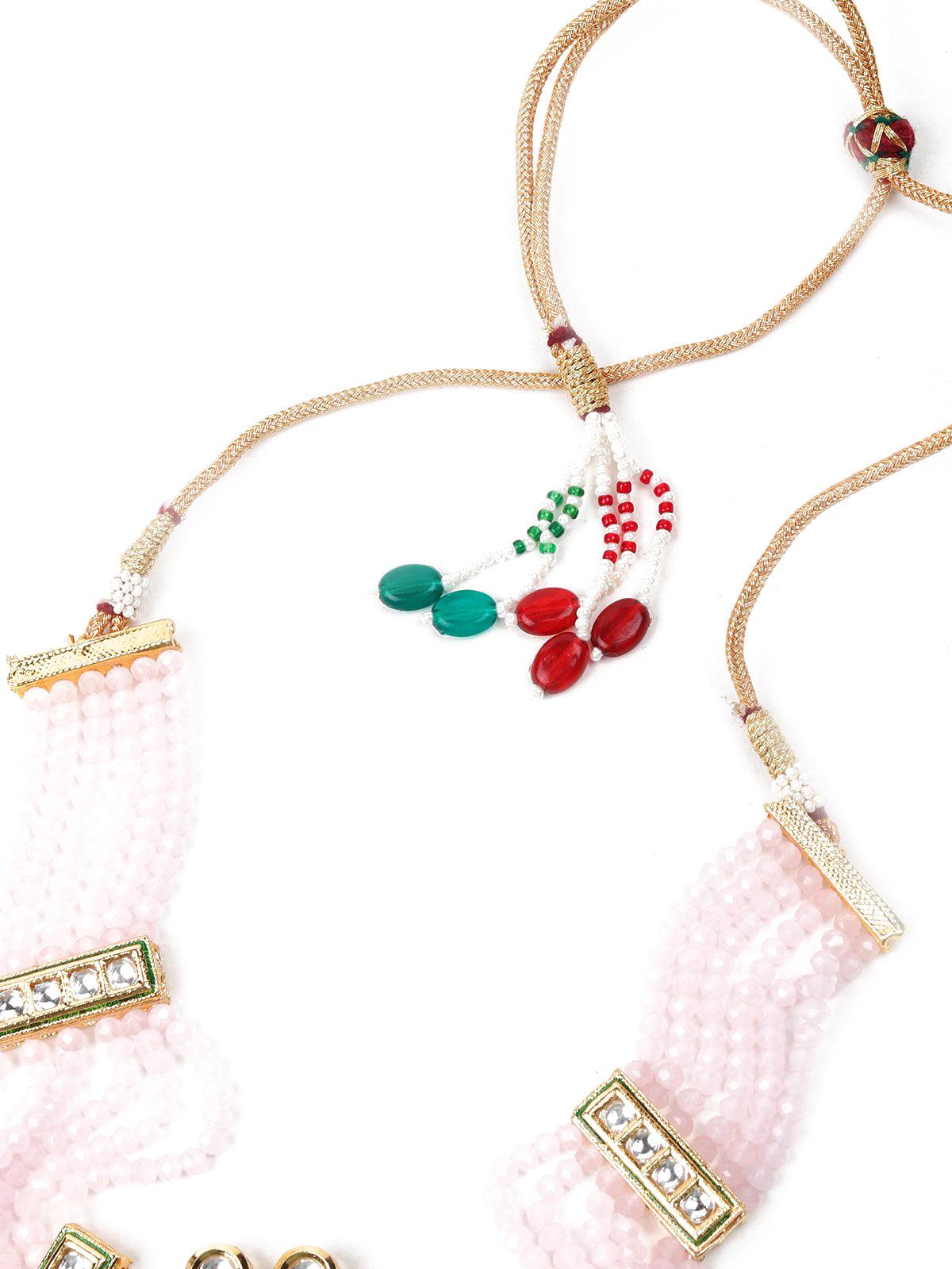 Baby Pink Kundan Multi-Strand Beaded Necklace Set - Rajwada
