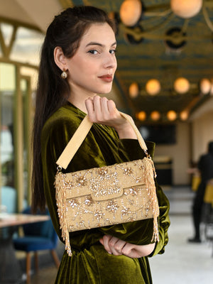 Rajwada Gold Cotton Blend Embellished Hand Bag For Women