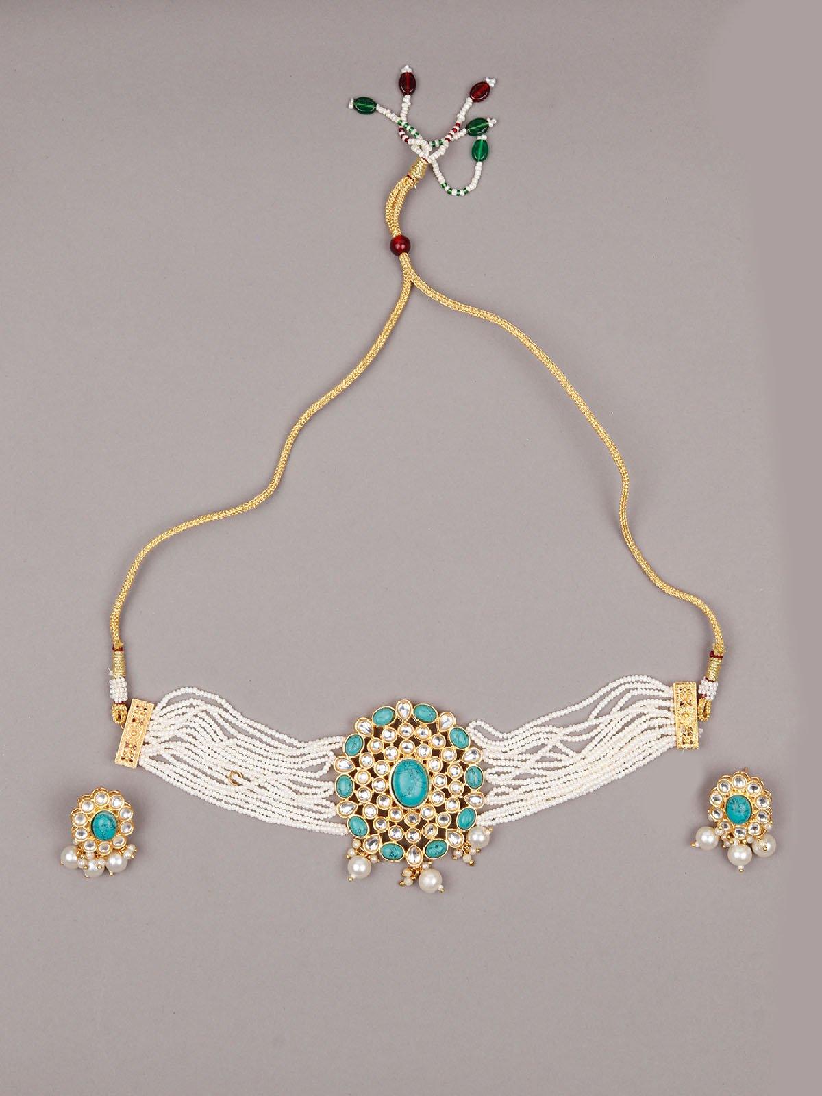 Beautiful Green Stones Kundan Choker Set - Rajwada