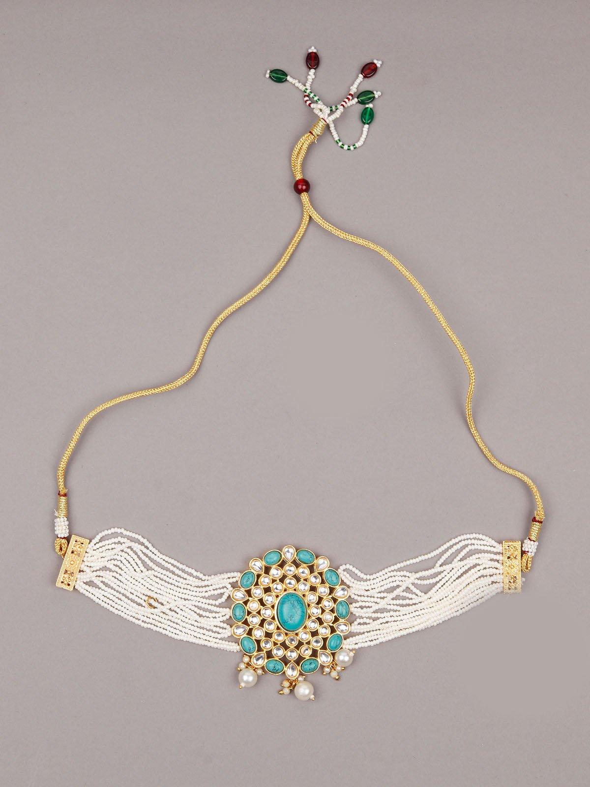 Beautiful Green Stones Kundan Choker Set - Rajwada