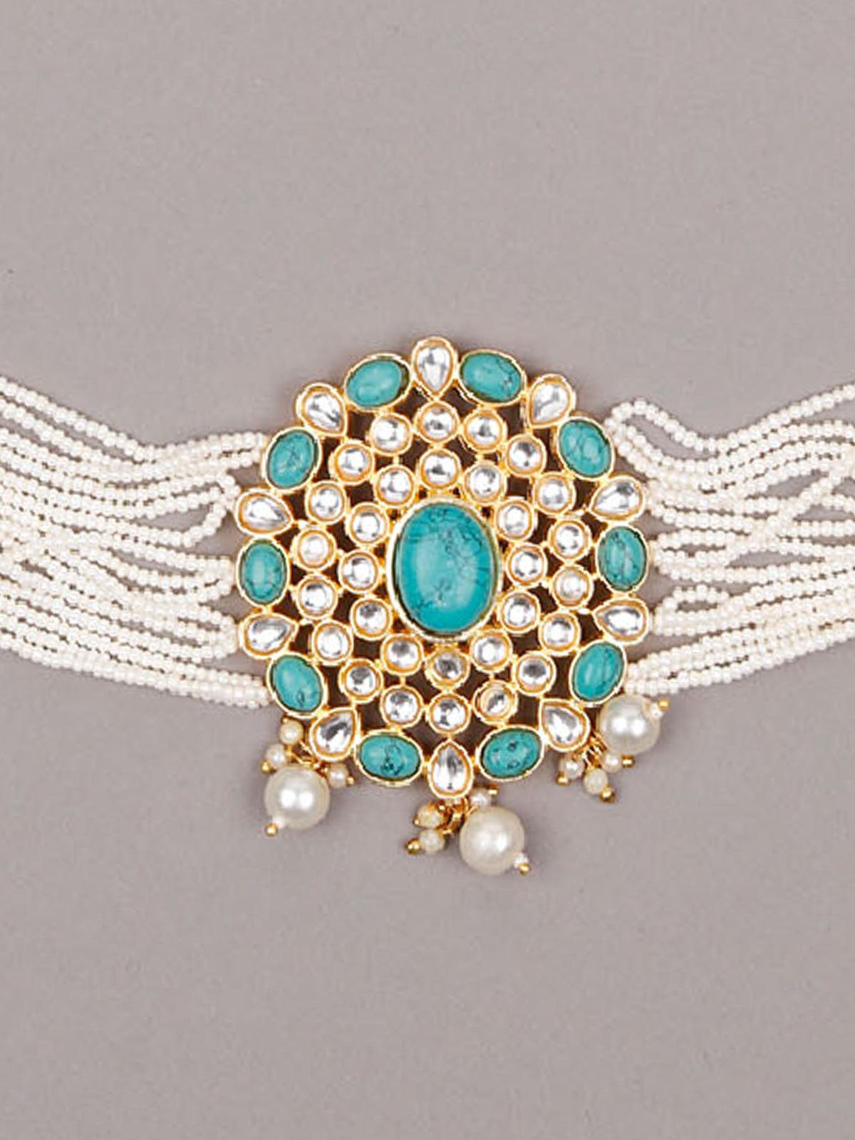Beautiful Green Stones Kundan Choker Set - Rajwada