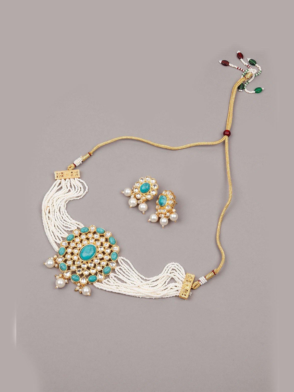 Beautiful Green Stones Kundan Choker Set - Rajwada