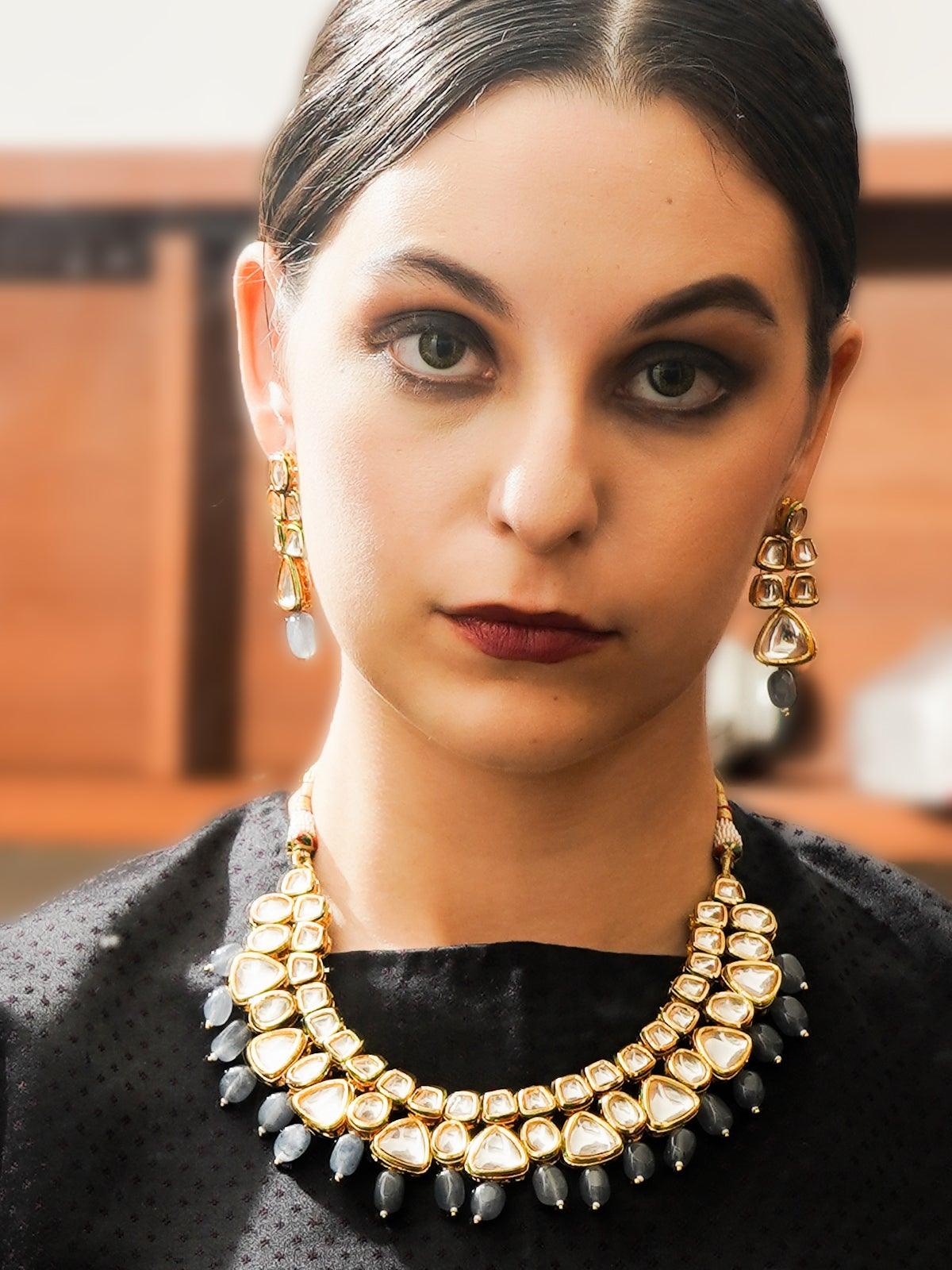 Beautiful Kundan and Grey Mani Necklace Set! - Rajwada