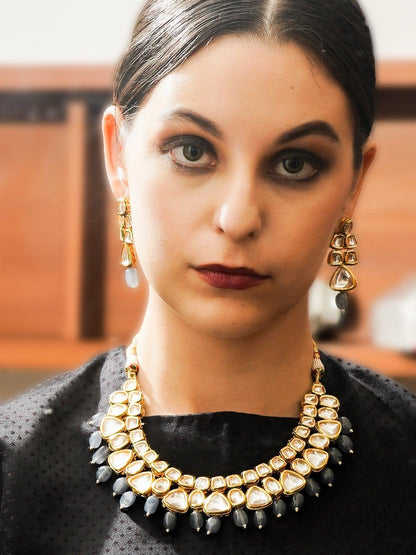 Beautiful Kundan and Grey Mani Necklace Set! - Rajwada