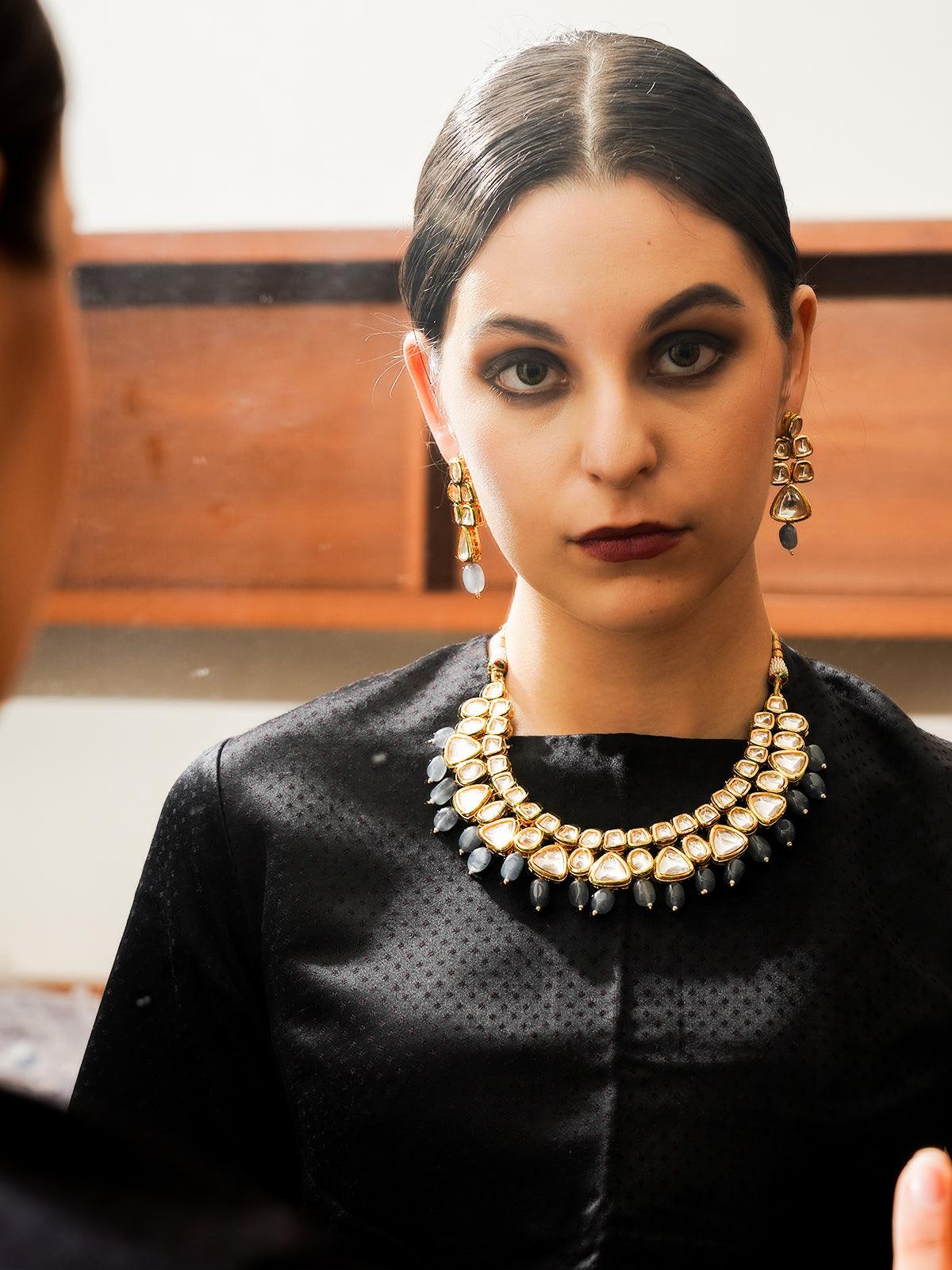 Beautiful Kundan and Grey Mani Necklace Set! - Rajwada