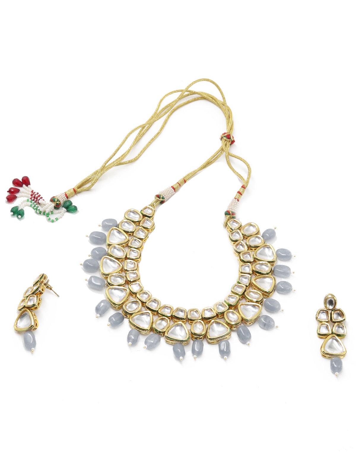 Beautiful Kundan and Grey Mani Necklace Set! - Rajwada