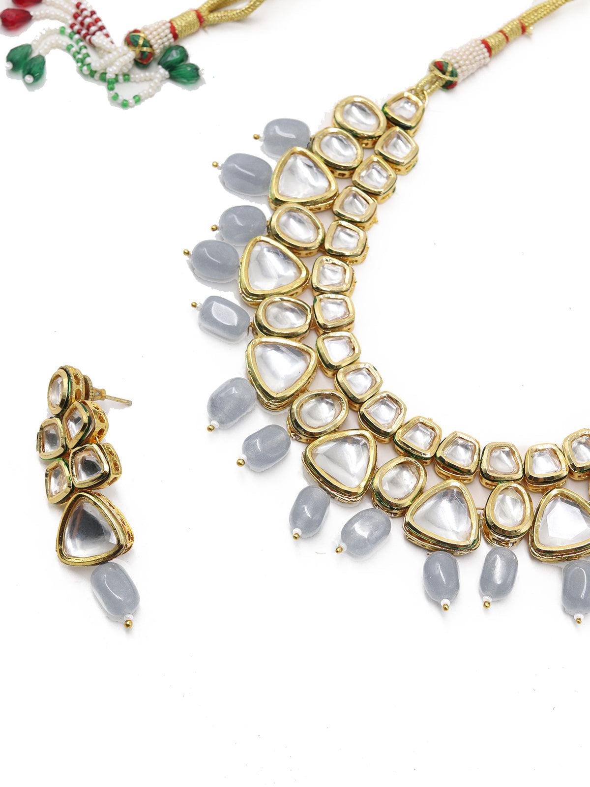 Beautiful Kundan and Grey Mani Necklace Set! - Rajwada