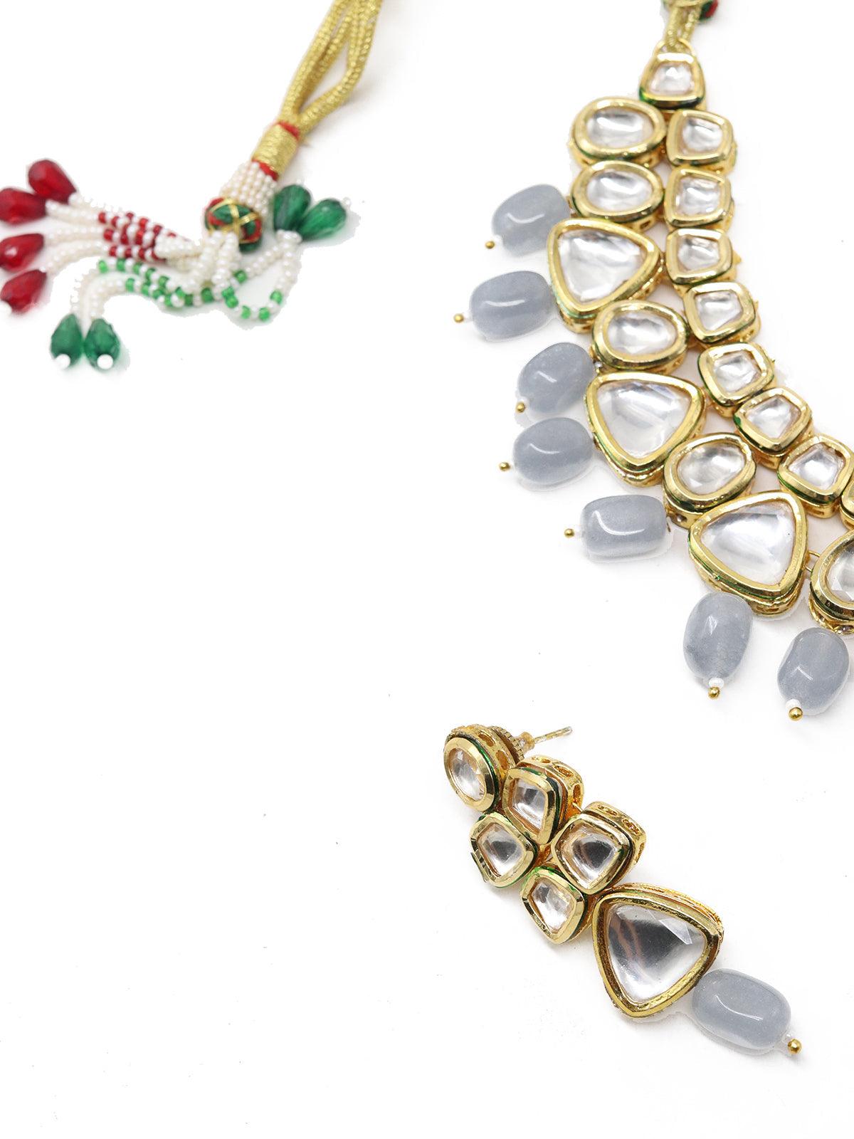 Beautiful Kundan and Grey Mani Necklace Set! - Rajwada