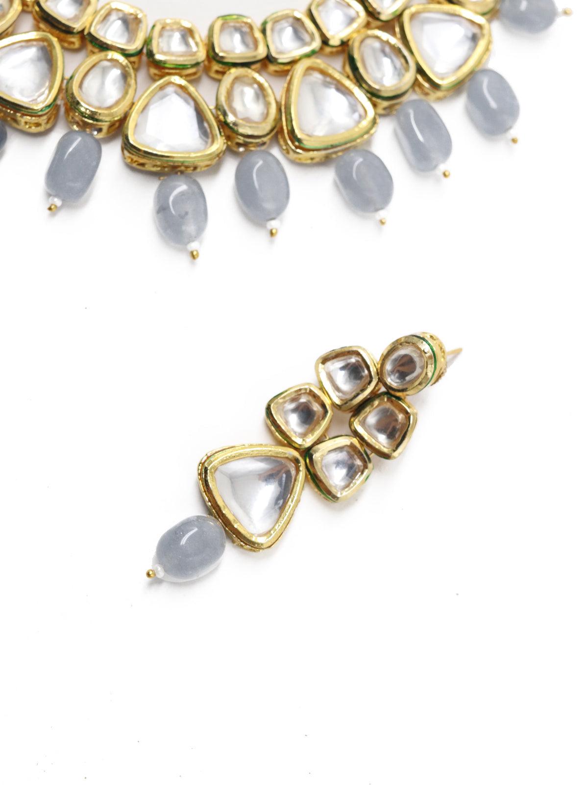 Beautiful Kundan and Grey Mani Necklace Set! - Rajwada