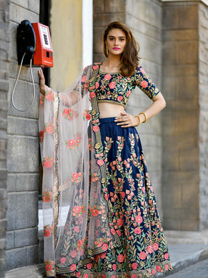Beautiful Navy Blue Silk Lehenga Choli Set - Rajwada