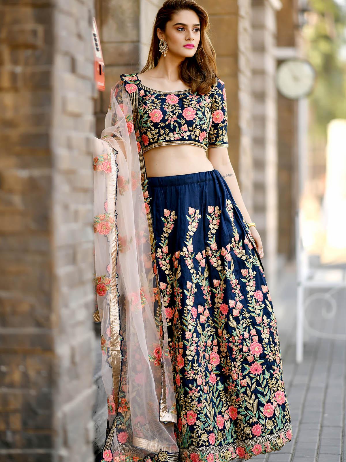 Beautiful Navy Blue Silk Lehenga Choli Set - Rajwada