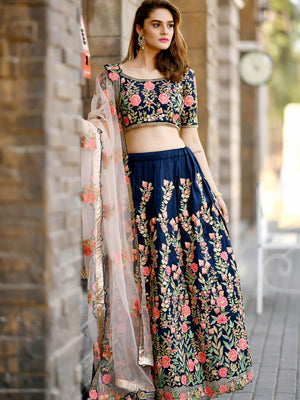 Beautiful Navy Blue Silk Lehenga Choli Set - Rajwada