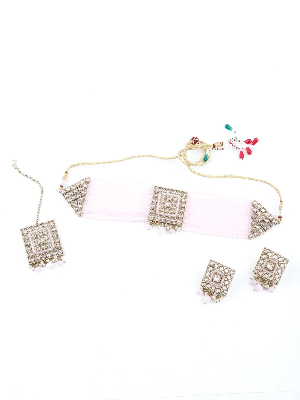 Bedazzling Baby Pink Choker Necklace Set - Rajwada