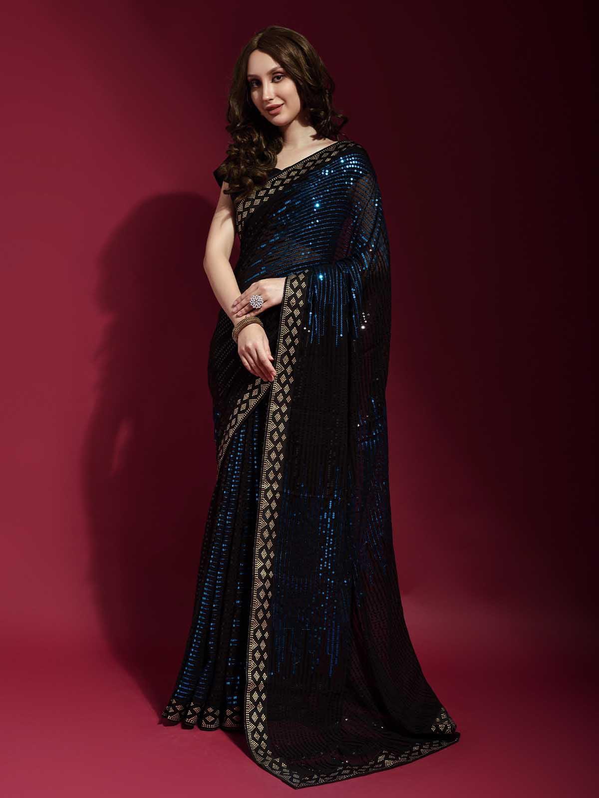 Black and Blue Georgette Sequence Saree With Blouse - Rajwada