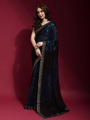 Black and Blue Georgette Sequence Saree With Blouse - Rajwada