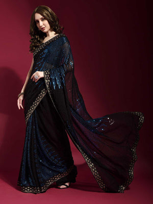 Black and Blue Georgette Sequence Saree With Blouse - Rajwada