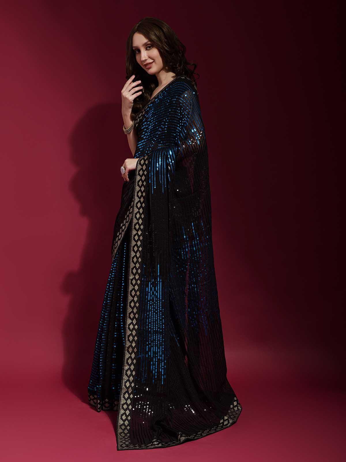 Black and Blue Georgette Sequence Saree With Blouse - Rajwada