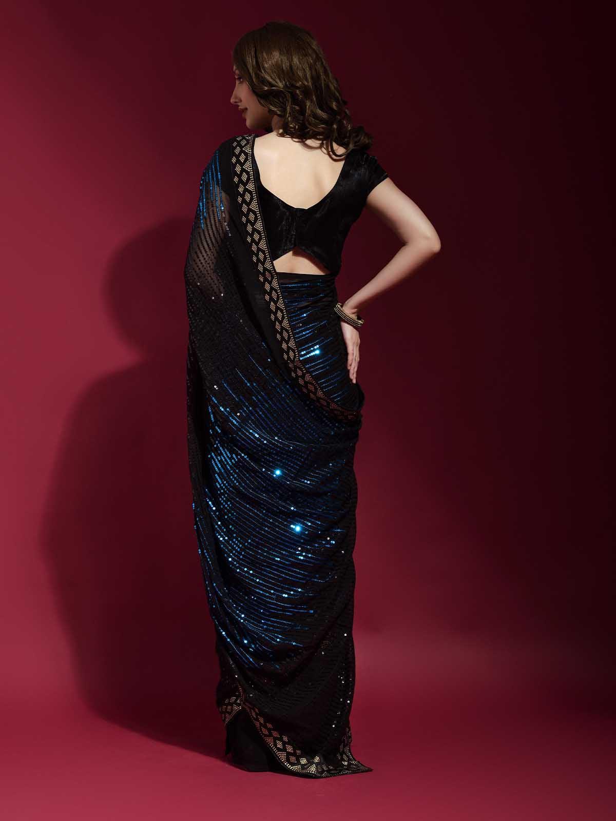Black and Blue Georgette Sequence Saree With Blouse - Rajwada