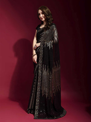 Black and Gold Georgette Sequence Saree With Blouse - Rajwada
