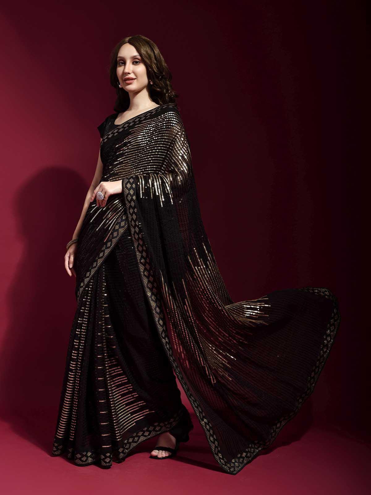 Black and Gold Georgette Sequence Saree With Blouse - Rajwada