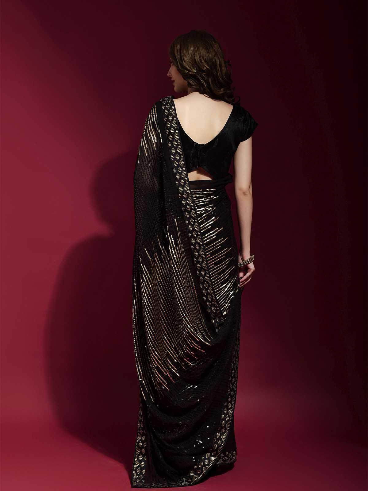 Black and Gold Georgette Sequence Saree With Blouse - Rajwada