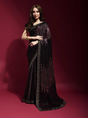 Black and Pink Georgette Sequence Saree With Blouse - Rajwada