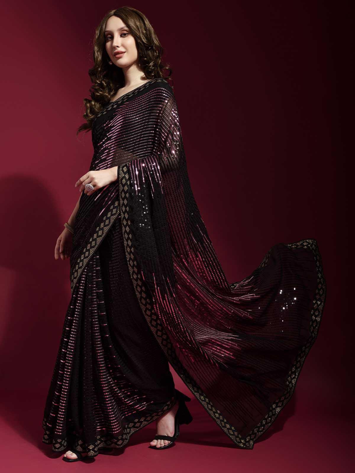 Black and Pink Georgette Sequence Saree With Blouse - Rajwada