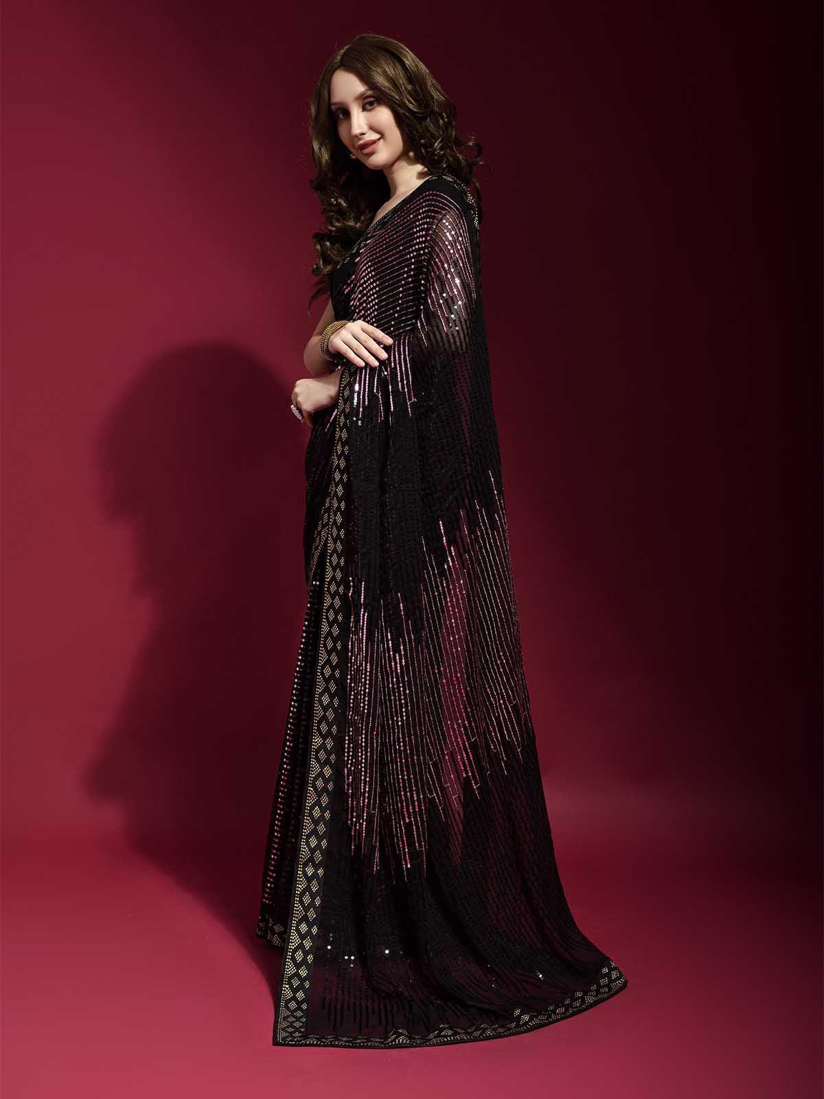 Black and Pink Georgette Sequence Saree With Blouse - Rajwada