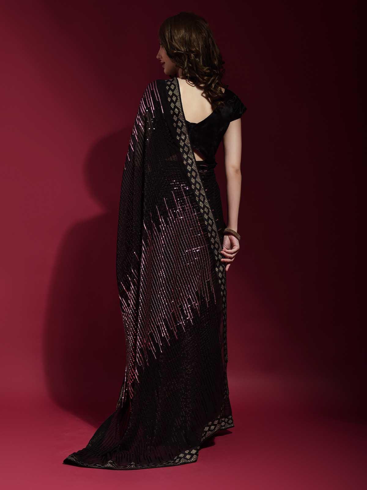 Black and Pink Georgette Sequence Saree With Blouse - Rajwada