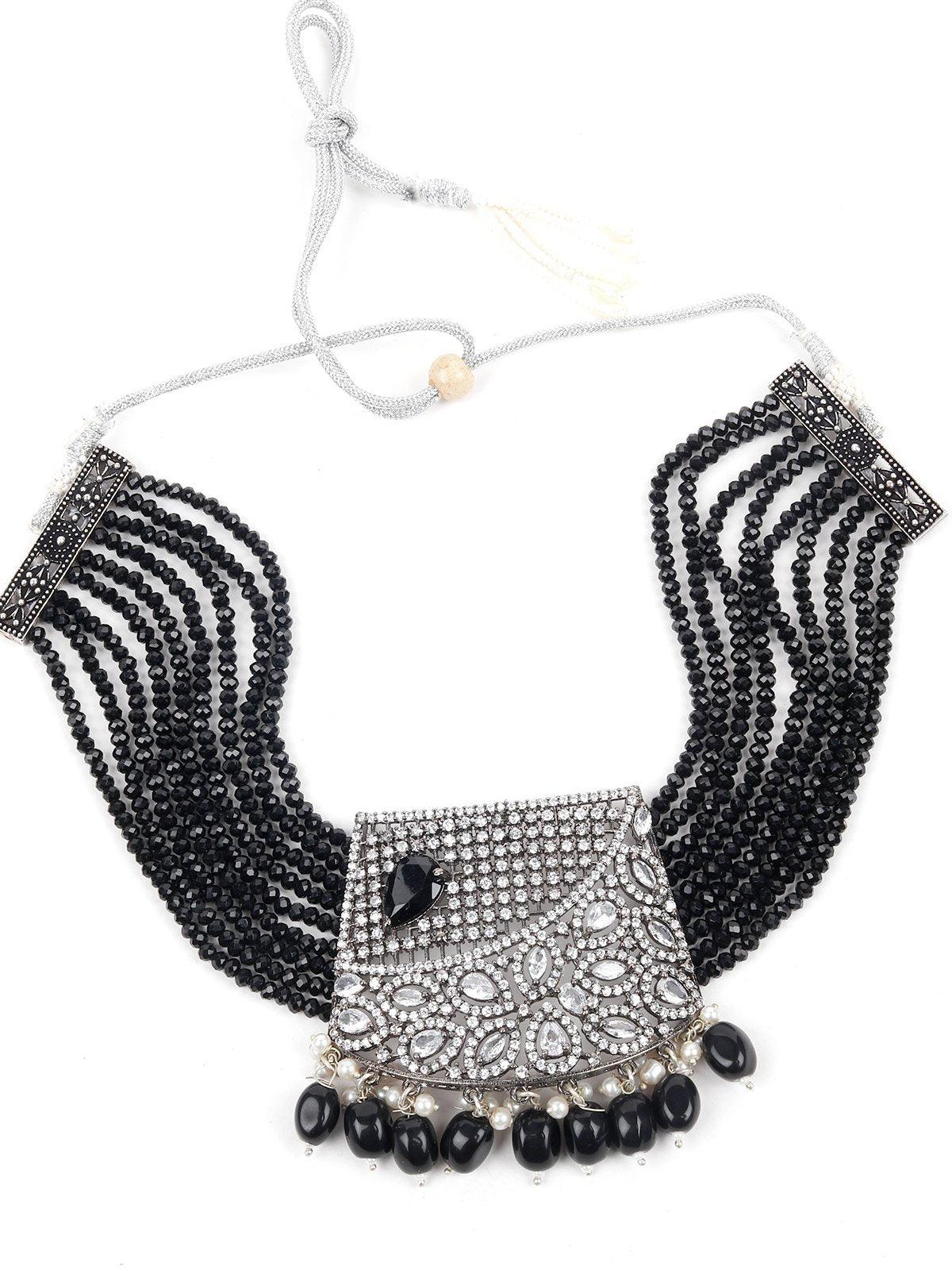Black Beaded Statement Necklace Set - Rajwada