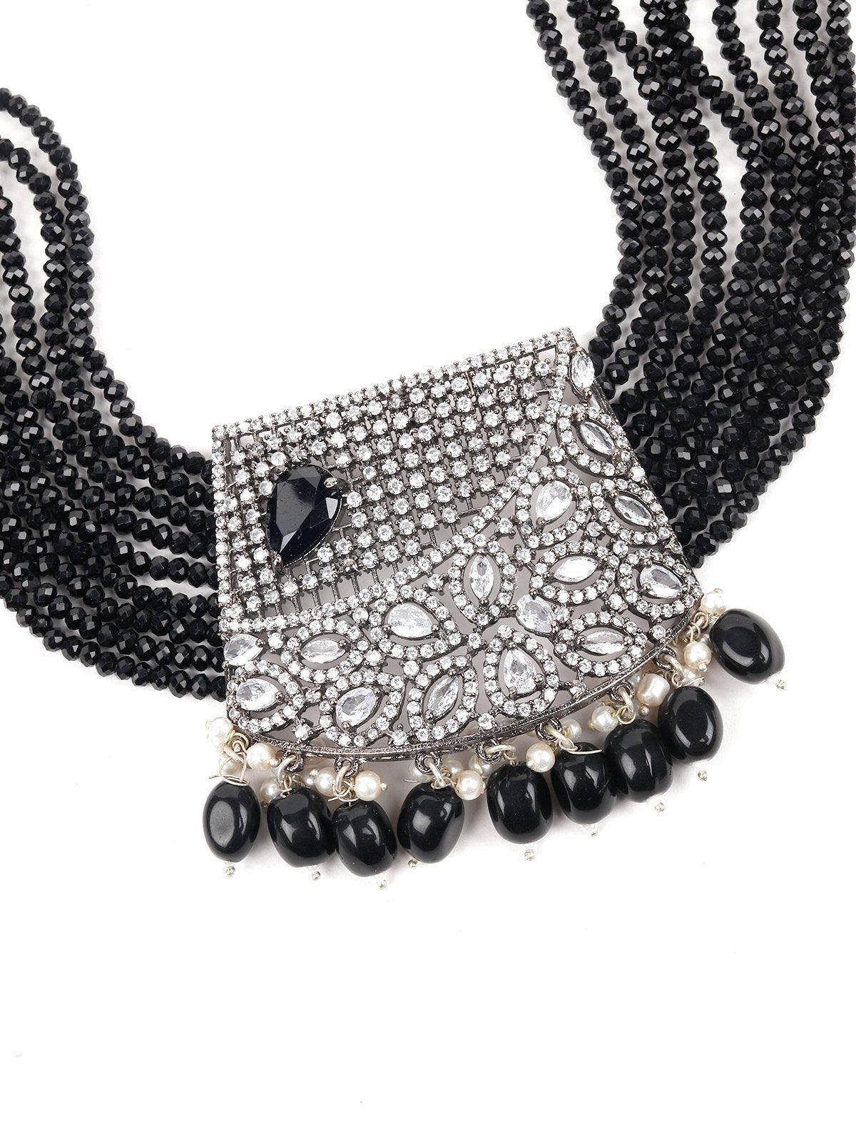 Black Beaded Statement Necklace Set - Rajwada