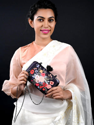 Black Floral print Elegant Box Clutch - Odette