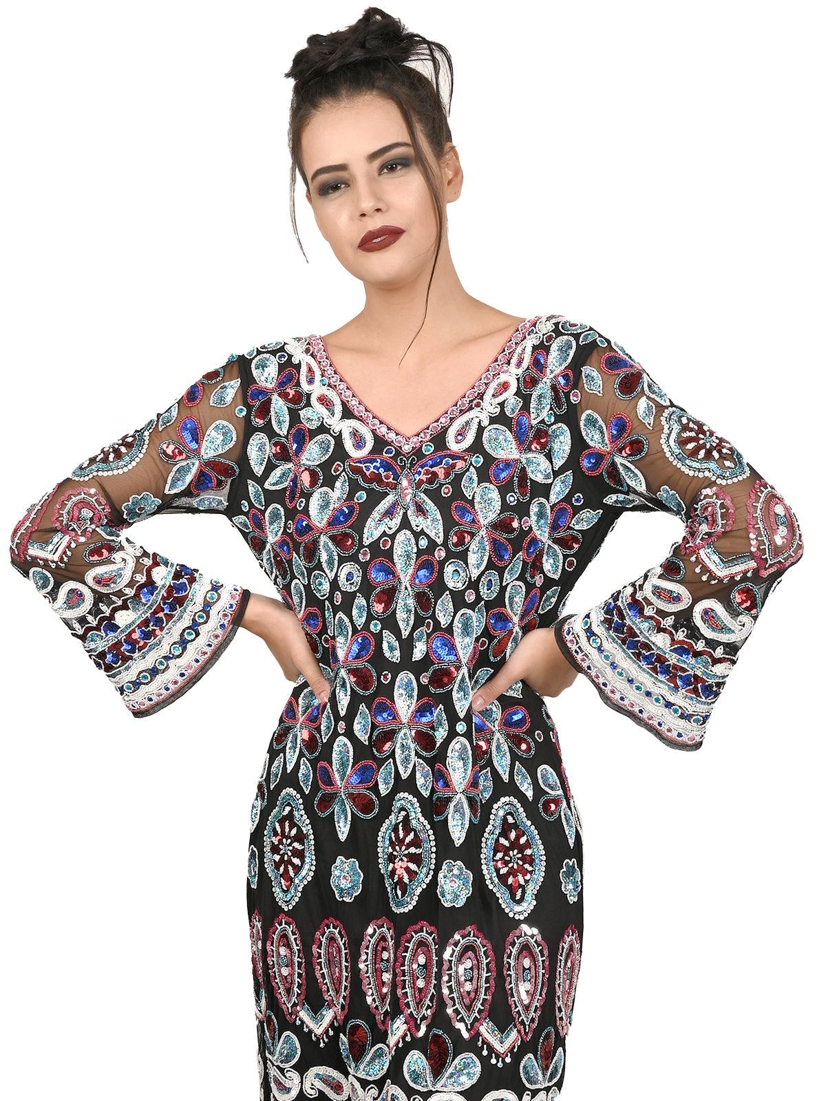 Black V-neck Sequin Embroidered Midi Dress - Rajwada