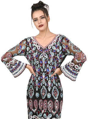 Black V-neck Sequin Embroidered Midi Dress - Rajwada