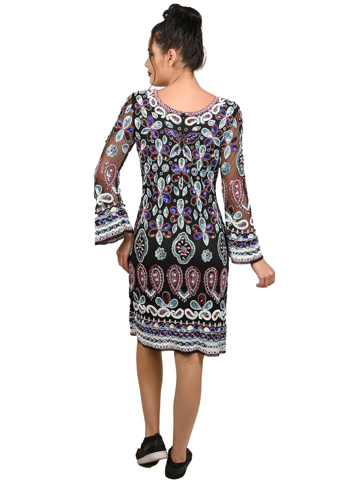 Black V-neck Sequin Embroidered Midi Dress - Rajwada