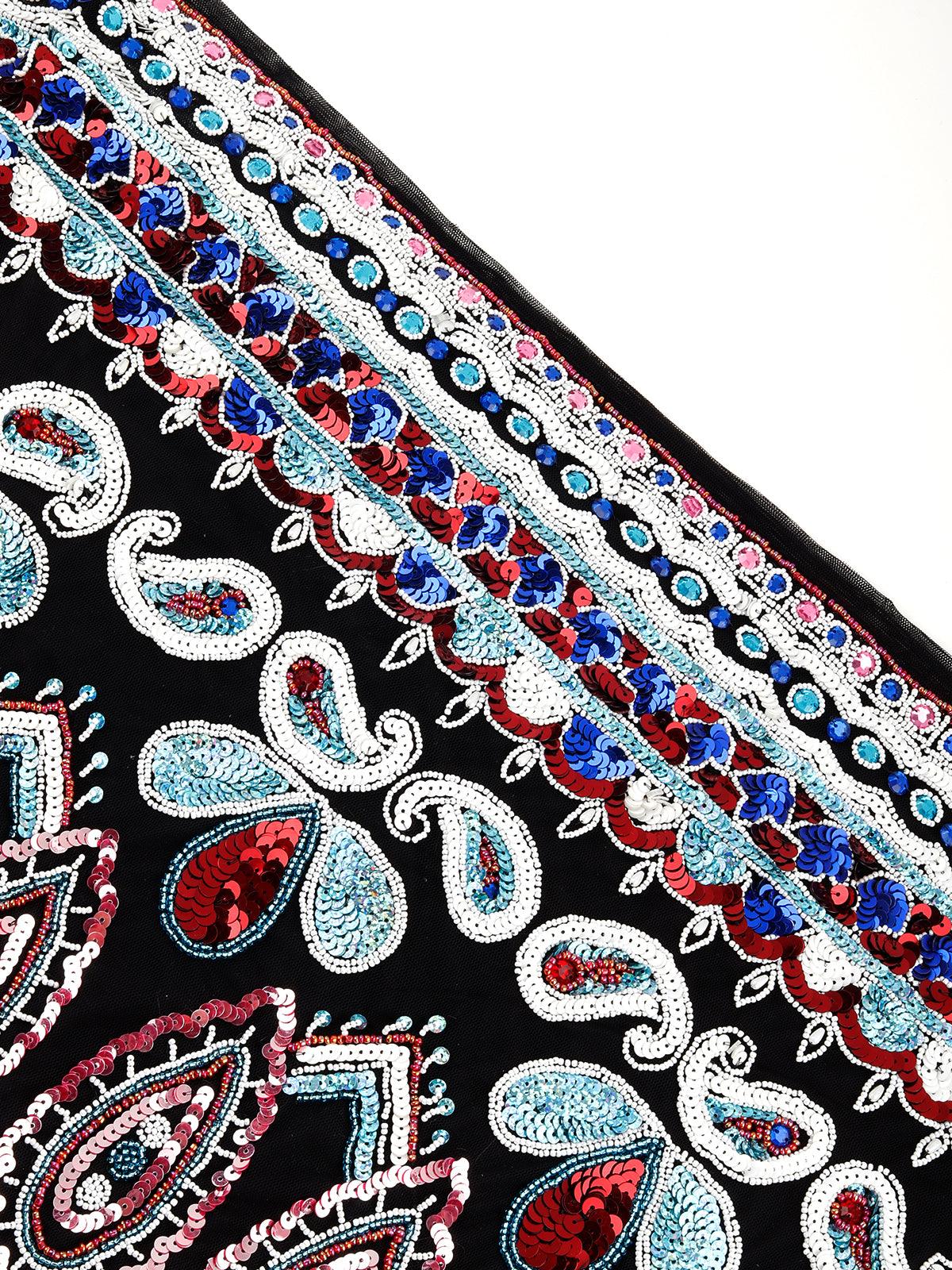 Black V-neck Sequin Embroidered Midi Dress - Rajwada