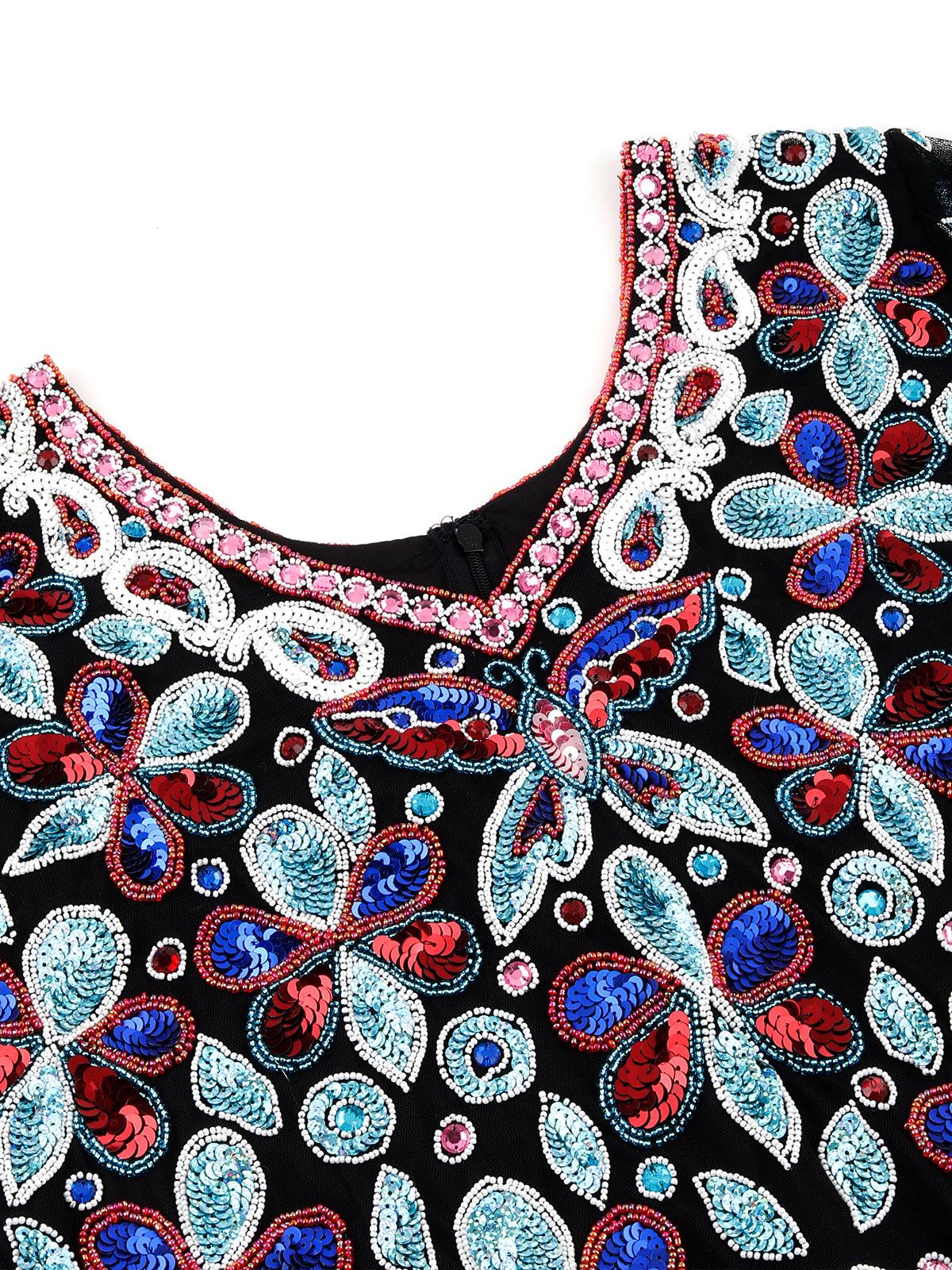 Black V-neck Sequin Embroidered Midi Dress - Rajwada