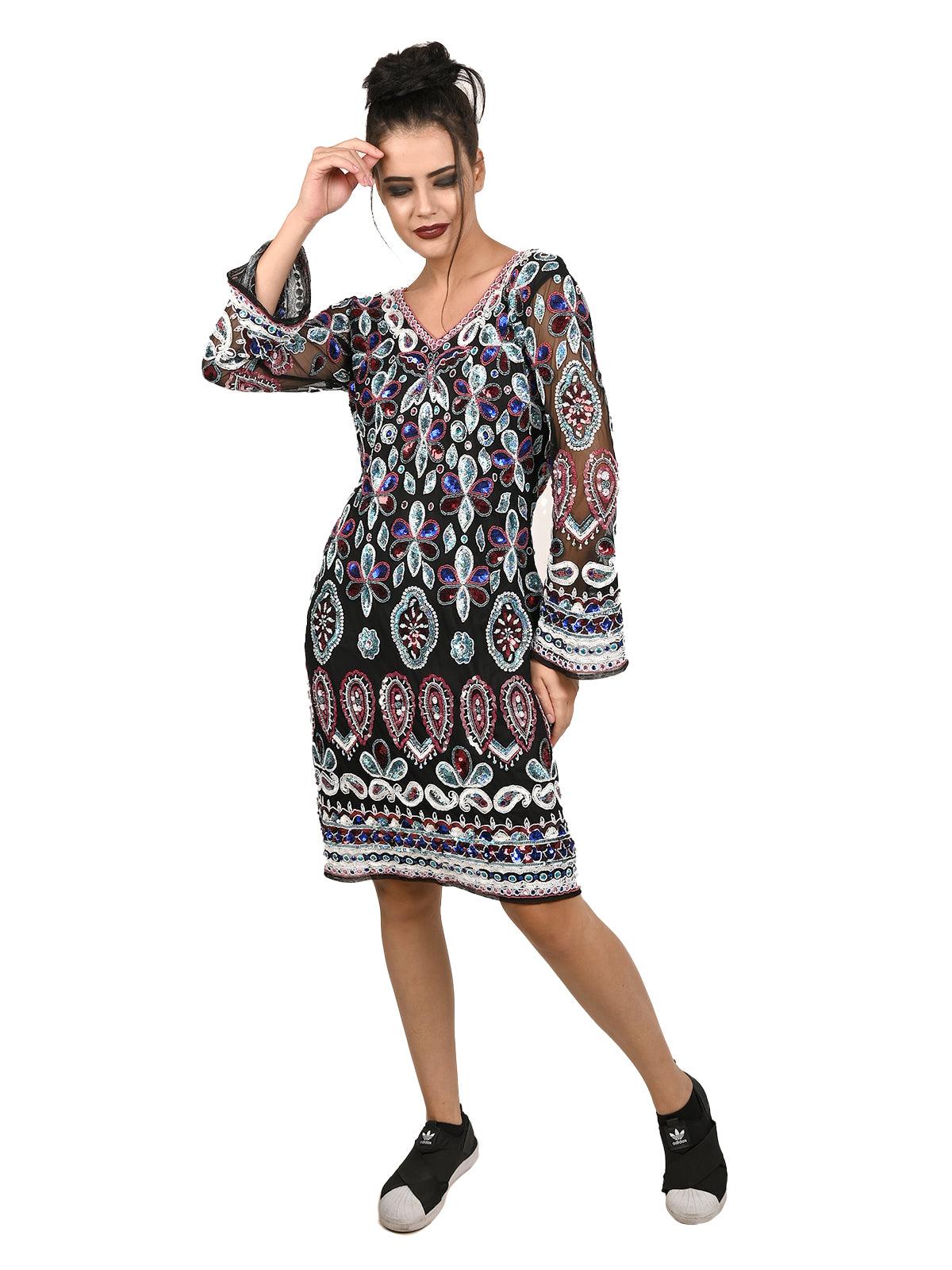 Black V-neck Sequin Embroidered Midi Dress - Rajwada