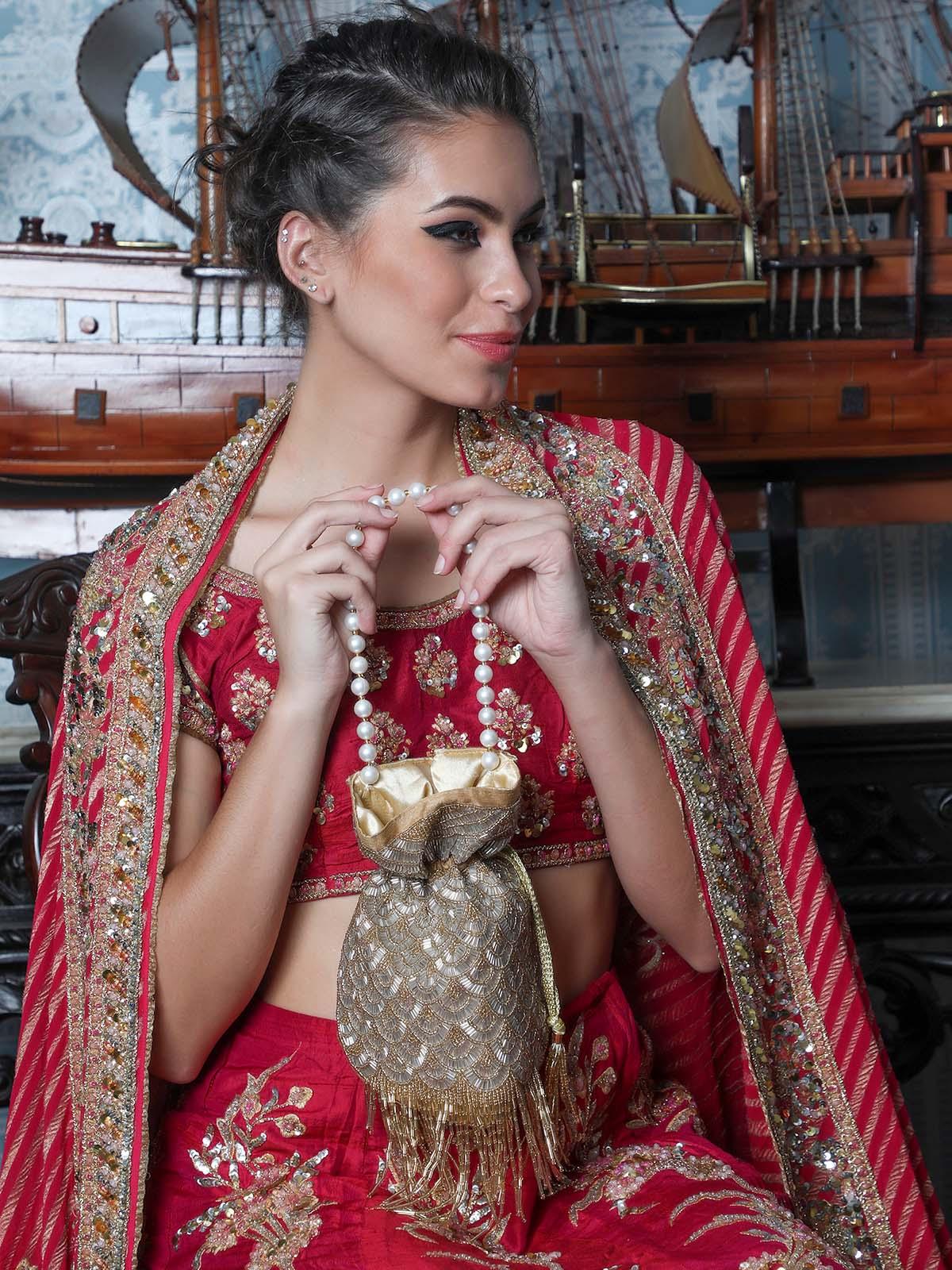 BLINGY EMBELLISHED GOLD POTLI BAG - Odette